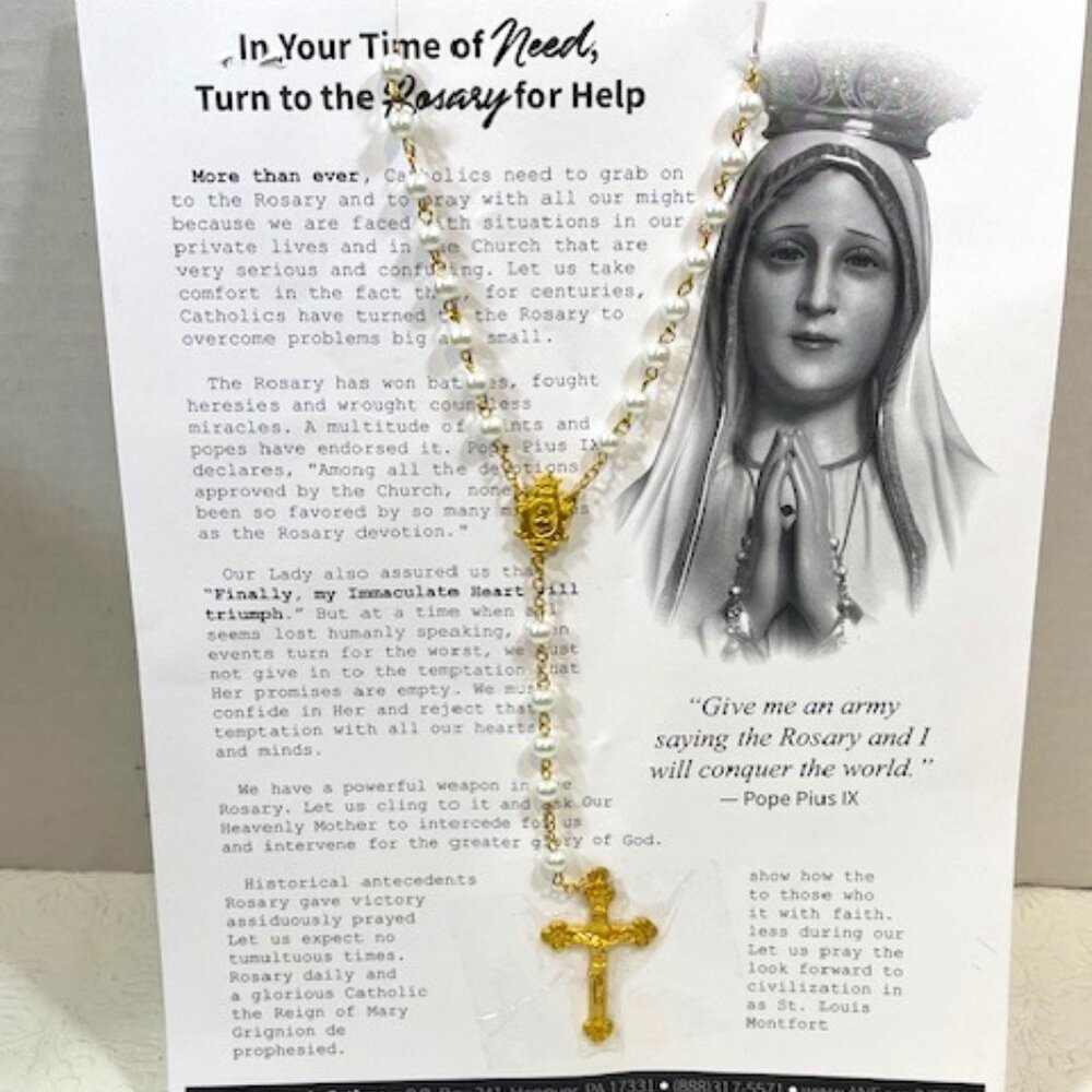 Rosary Beads Prayer Card The 15 Promises of Mary Immaculate Heart White